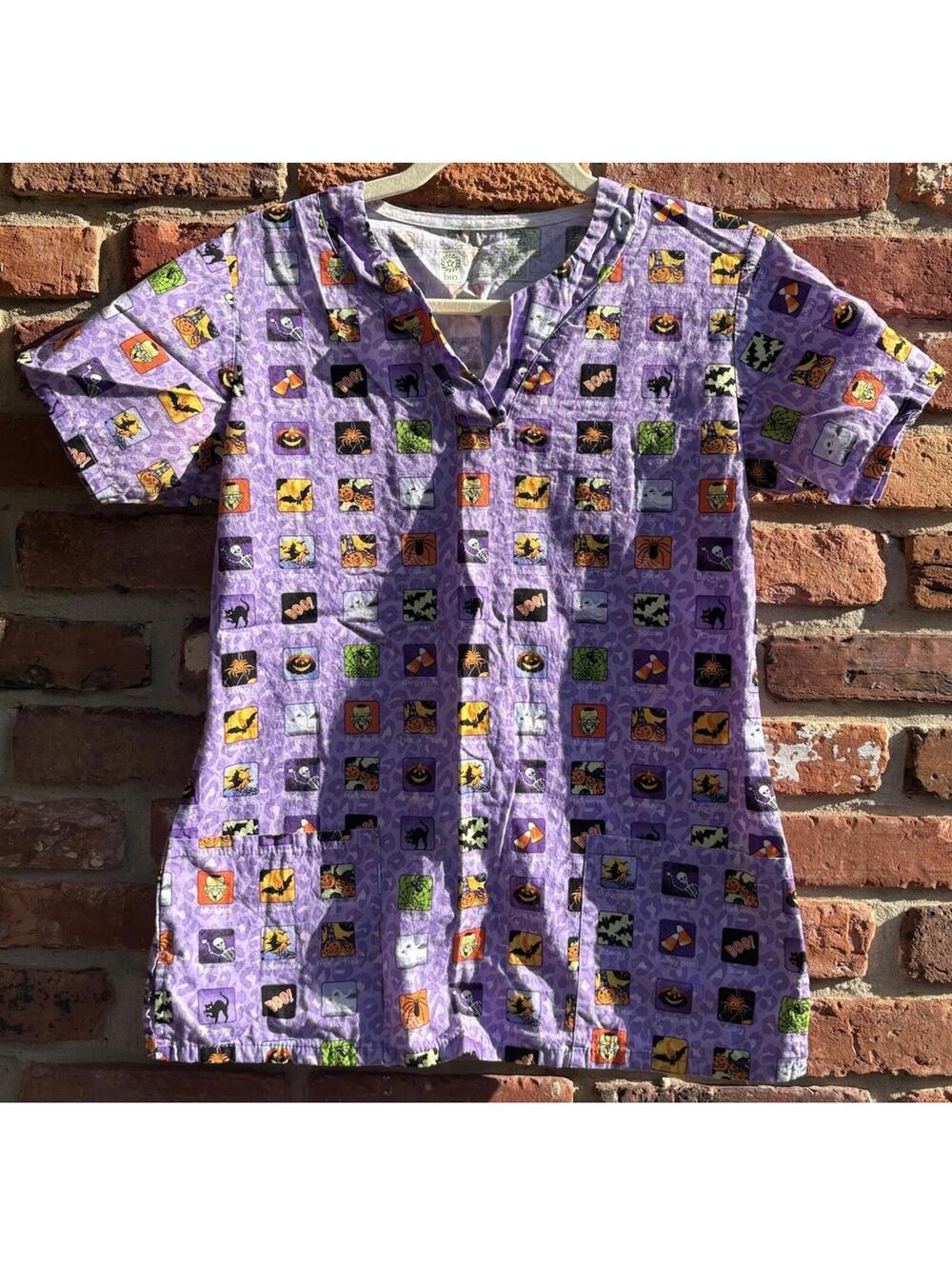 Bring It On Halloween Print Purple Scrub Top XS Cute Medical Work Shirt